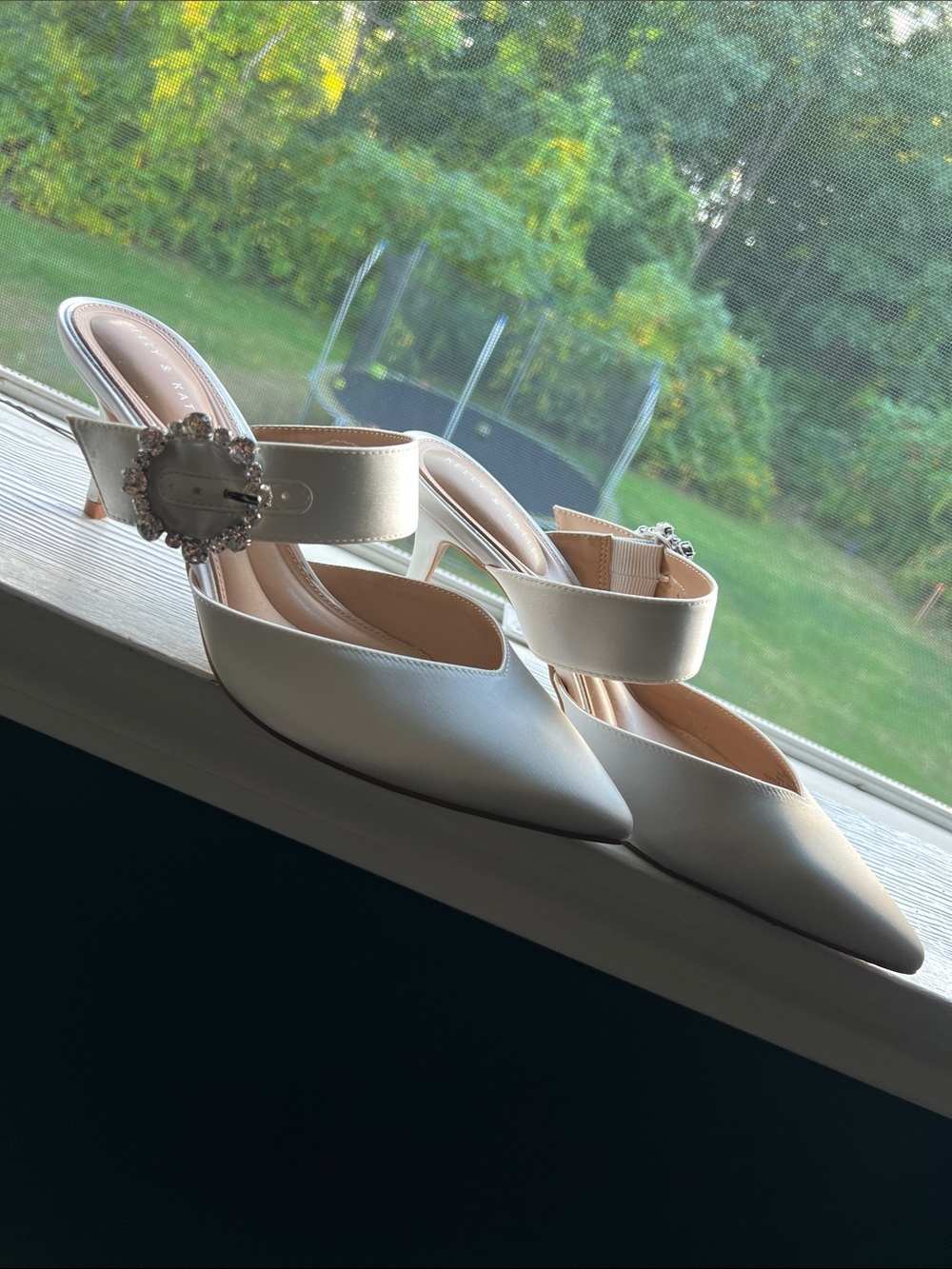 Kelly & Katie Ivory Pointed-Toe Slingback Heels with Jeweled Buckle